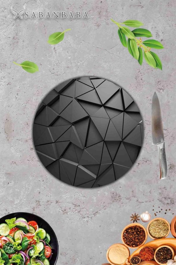 Siyah Üçgen Desenli Cam Kesme Tahtası - Cam Kesme Tablası - Sunum Tabağı| Çap 32 Cm - Resim 2