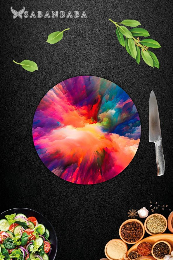 Renkli Odak Desenli Cam Kesme Tahtası - Cam Kesme Tablası - Sunum Tabağı| Çap 32 Cm - Resim 2