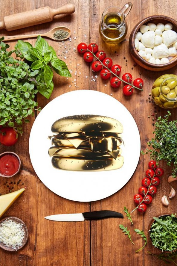 Altın Burger Desenli Cam Kesme Tahtası - Cam Kesme Tablası - Sunum Tabağı| Çap 32 Cm ürün görseli