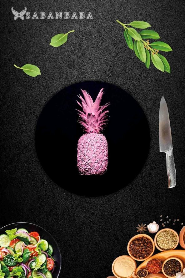 Siyah Ananas Desenli Cam Kesme Tahtası - Cam Kesme Tablası - Sunum Tabağı| Çap 32 Cm - 3