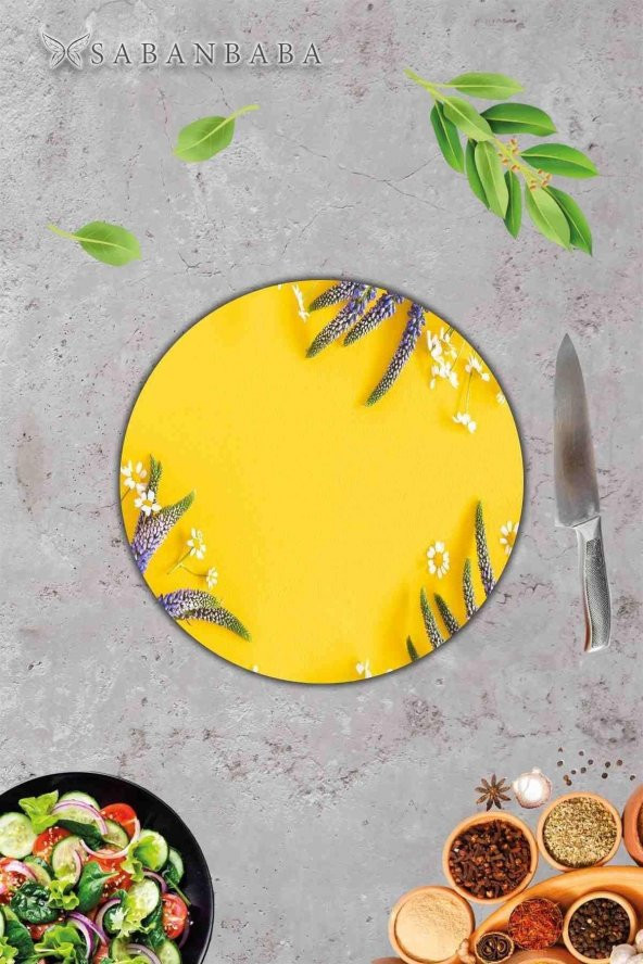 Sarı Karanfil Desenli Cam Kesme Tahtası - Cam Kesme Tablası - Sunum Tabağı| Çap 32 Cm - 2