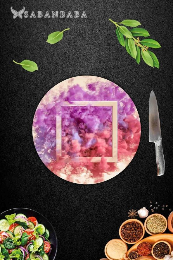 Renkli Kare Duman Desenli Cam Kesme Tahtası - Cam Kesme Tablası - Sunum Tabağı| Çap 32 Cm - Resim 2