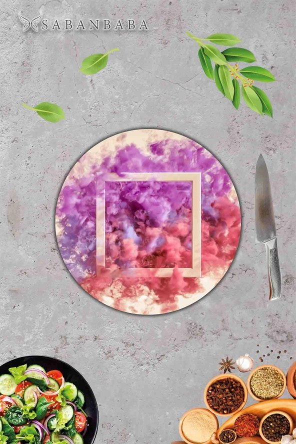 Renkli Kare Duman Desenli Cam Kesme Tahtası - Cam Kesme Tablası - Sunum Tabağı| Çap 32 Cm - Resim 3