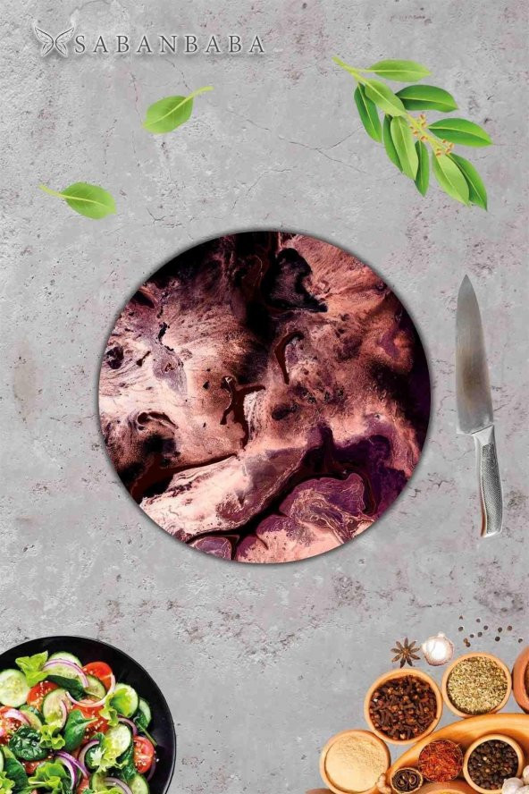 Bordo Desenli Cam Kesme Tahtası - Cam Kesme Tablası - Sunum Tabağı| Çap 32 Cm - Resim 4