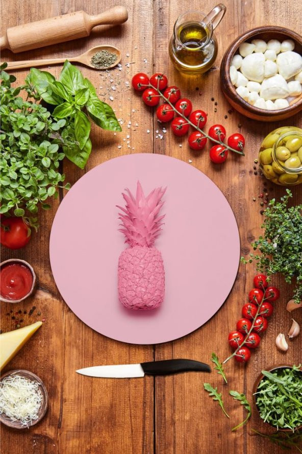 Pembe Ananas Desenli Cam Kesme Tahtası - Cam Kesme Tablası - Sunum Tabağı| Çap 32 Cm ürün görseli