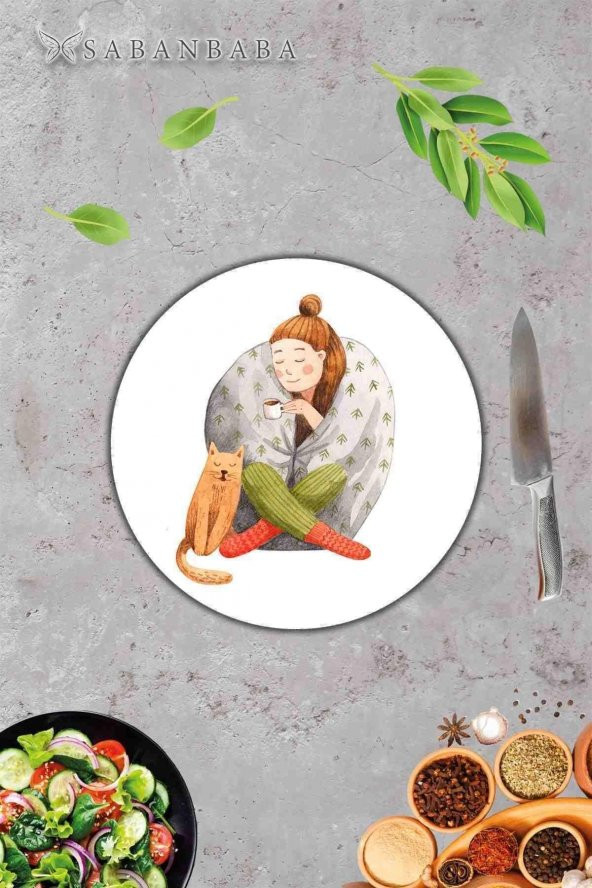 Alone  Desenli Cam Kesme Tahtası - Cam Kesme Tablası - Sunum Tabağı| Çap 32 Cm - 4