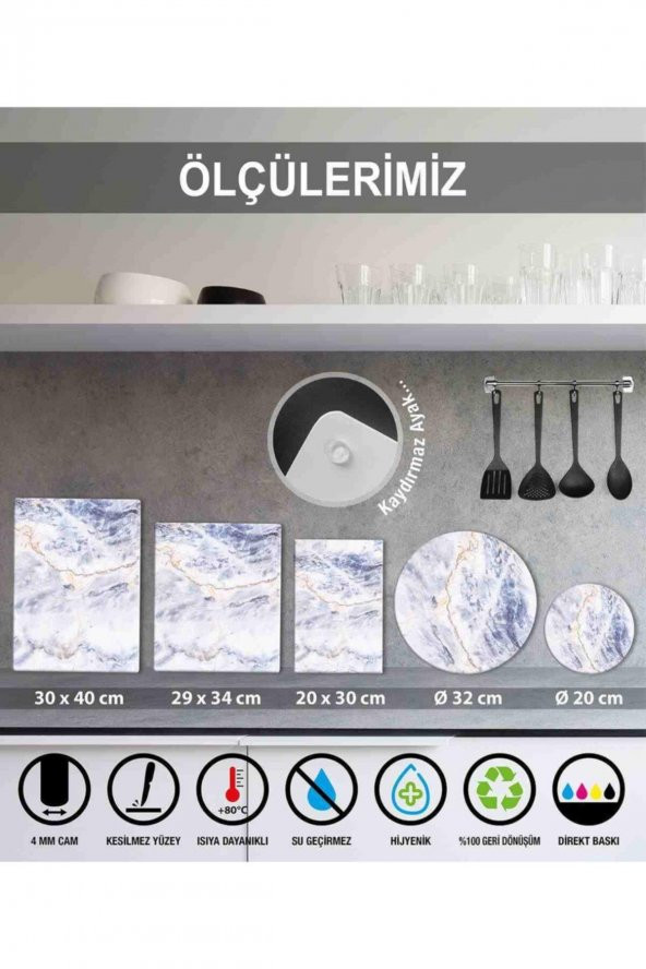 Kızıl Desenli Cam Kesme Tahtası - Cam Kesme Tablası - Sunum Tabağı| Çap 32 Cm - 4