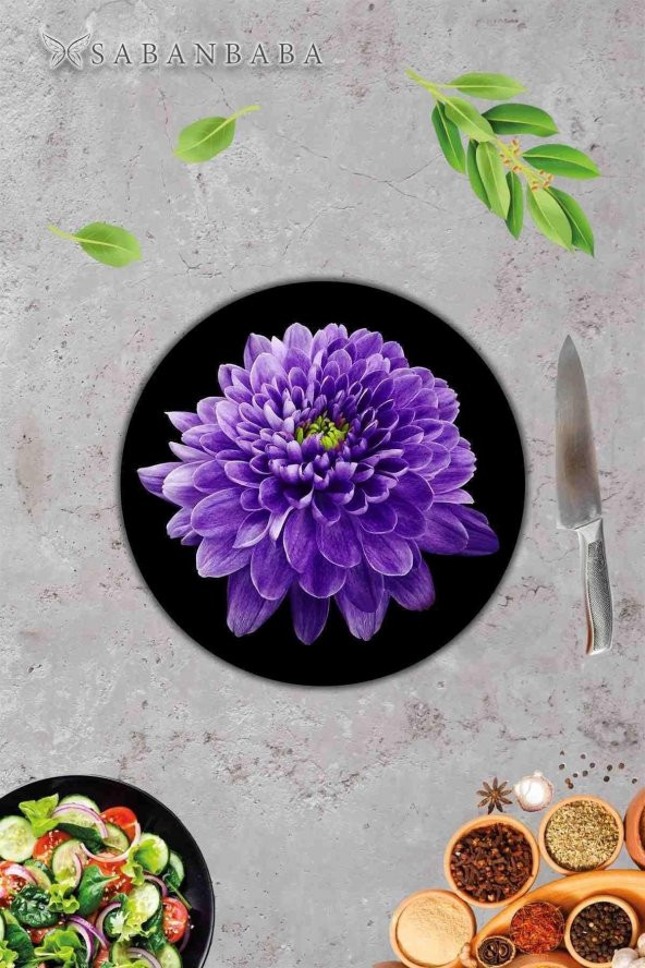 Mor Orkide Desenli Cam Kesme Tahtası - Cam Kesme Tablası - Sunum Tabağı| Çap 32 Cm - 2