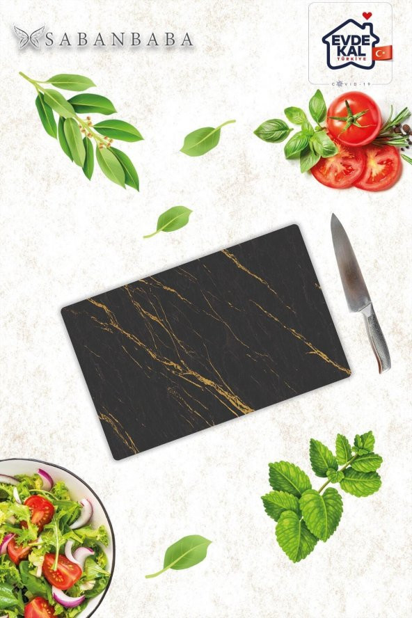 20x30 cm Siyah Altın Mermer Desenli Cam Kesim Tablası ürün görseli