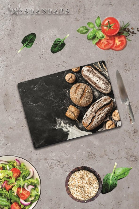 Buğdaylı Ekmek Cam Kesme Tahtası - Cam Kesme Tablası  | 30 cm x 40 cm ürün görseli