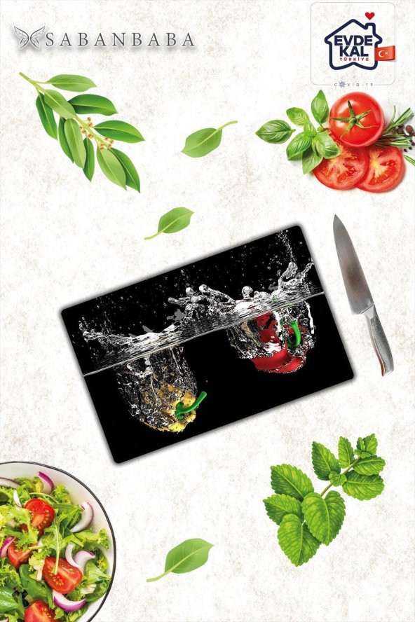 Biber ve Su Cam Kesme Tahtası - Cam Kesme Tablası  | 20 cm x 30 cm ürün görseli