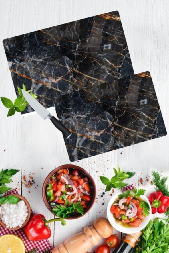 2li Takım Yaldızlı Mermer Desen Görünümlü Takım Cam Kesme Tahtası - Cam Kesim Tablası 20x30 & 30x40