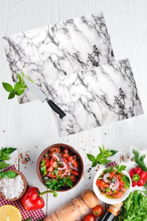 2li Takım  Beyaz Mermer Desen Görünümlü Takım Cam Kesme Tahtası - Cam Kesim Tablası 20x30 & 30x40