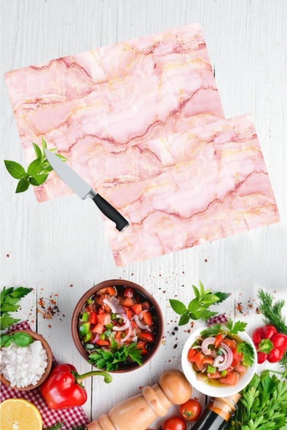 2li Takım  Pembe Mermer Desen Görünümlü Takım Cam Kesme Tahtası - Cam Kesim Tablası 20x30 & 30x40 - 1