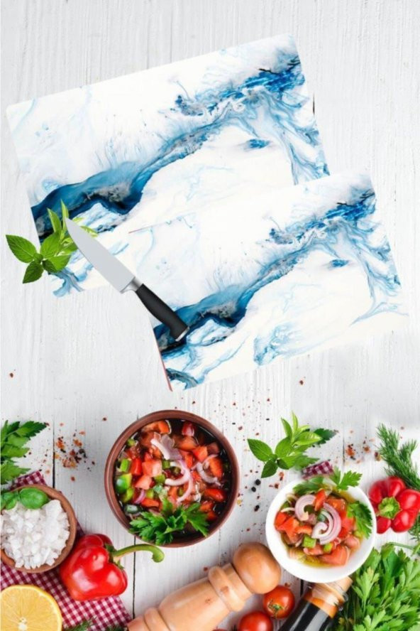 2li Takım Mavi Deniz Desen Görünümlü Takım Cam Kesme Tahtası - Cam Kesim Tablası 20x30 & 30x40