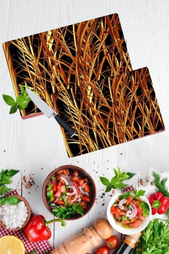 2li Takım  Altın Dal Desen Görünümlü Takım Cam Kesme Tahtası - Cam Kesim Tablası 20x30 & 30x40 - 1