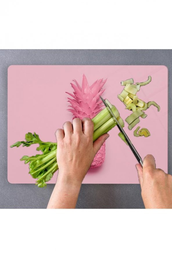 Pembe Ananas Desenli Cam Kesme Tahtası - Cam Kesme Tablası | 30 Cm X 40 Cm - 2