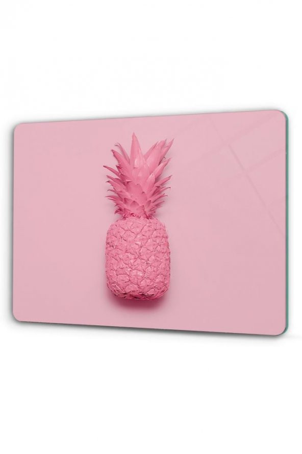 Pembe Ananas Desenli Cam Kesme Tahtası - Cam Kesme Tablası | 30 Cm X 40 Cm - 3
