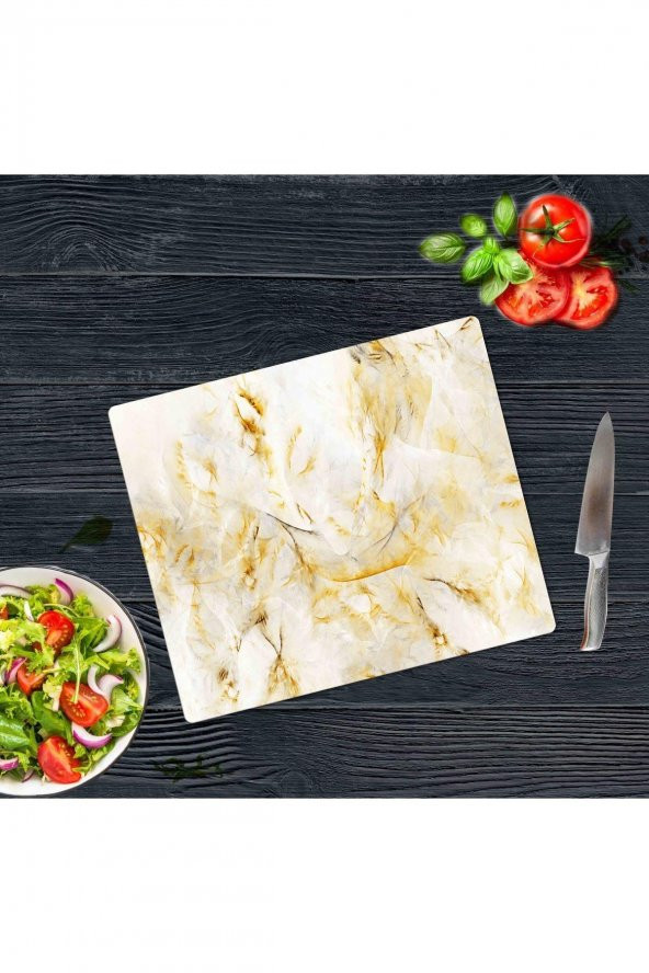 Dekoratif Cam Kesme Tahtası Beyaz Altın Mermer 29 x 34 cm | Cam Kesme Tablası
