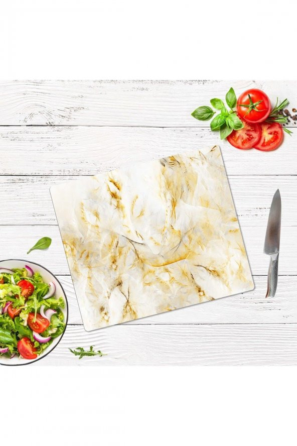 Dekoratif Cam Kesme Tahtası Beyaz Altın Mermer 29 x 34 cm | Cam Kesme Tablası - 2