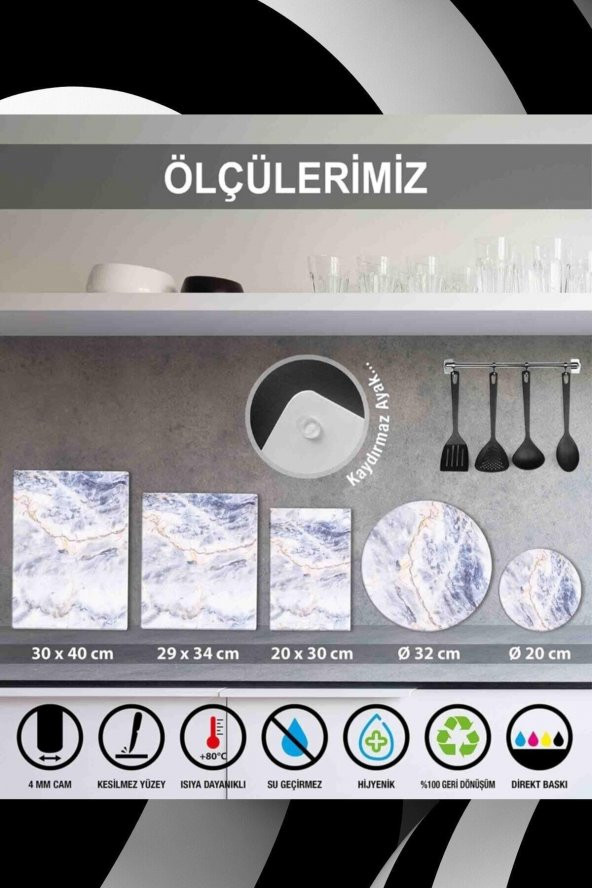 Saban Gri Altın Mermer | Cam Kesme Tahtası - Cam Kesme Tablası | 30cm x 40cm - 3