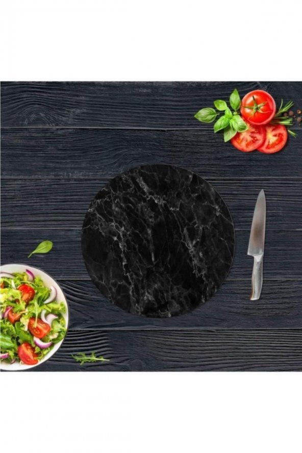 Dekoratif Cam Kesme Tahtası Siyah Mermer Çap 32 cm | Cam Kesme Tablası - 2