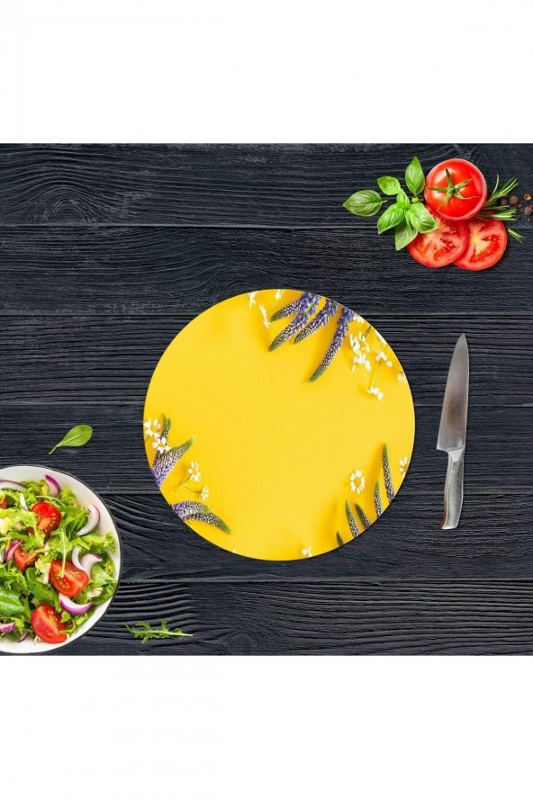 Dekoratif Cam Kesme Tahtası Sari Karanfil Çap 32 cm | Cam Kesme Tablası - 2