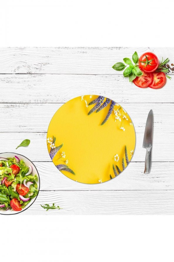 Dekoratif Cam Kesme Tahtası Sari Karanfil Çap 32 cm | Cam Kesme Tablası - 3