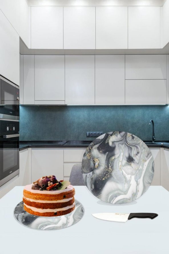 Dekoratif Cam Kesme Tahtası Gri Mermer Çap 32 cm | Cam Kesme Tablası