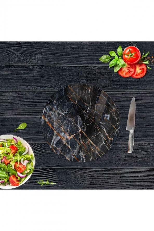 Dekoratif Cam Kesme Tahtası Yaldızlı Mermer Çap 32 cm | Cam Kesme Tablası