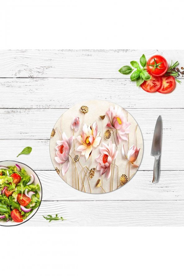 Dekoratif Cam Kesme Tahtası Ballı Çiçekler Çap 32 cm | Cam Kesme Tablası - 2