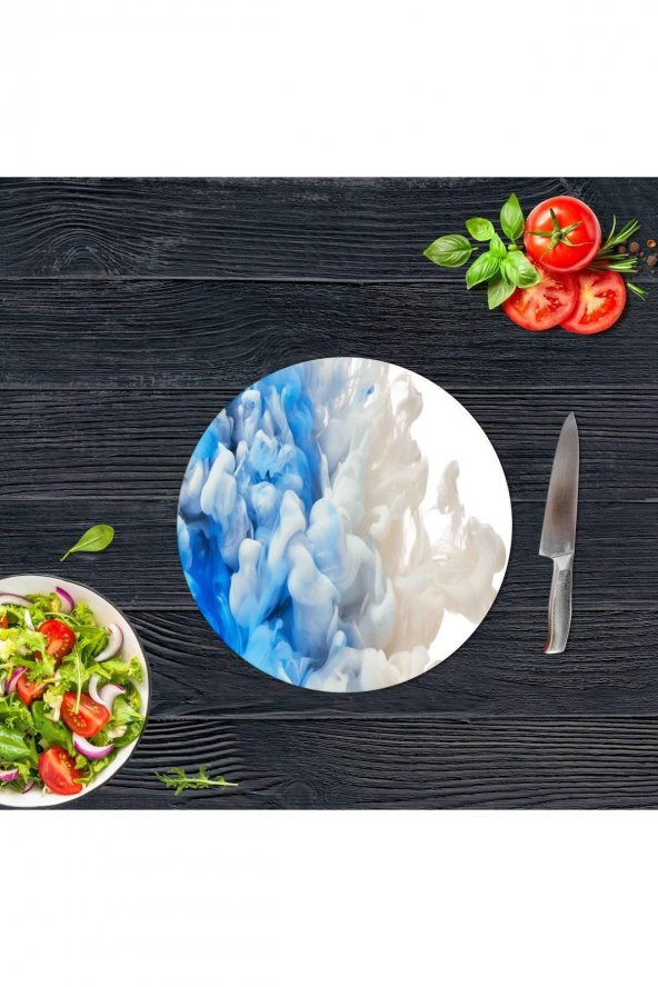 Dekoratif Cam Kesme Tahtası Mavi Duman Çap 32 cm | Cam Kesme Tablası - 2