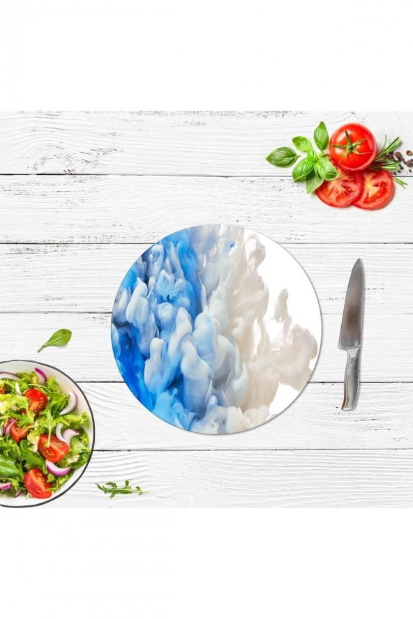 Dekoratif Cam Kesme Tahtası Mavi Duman Çap 32 cm | Cam Kesme Tablası - 3