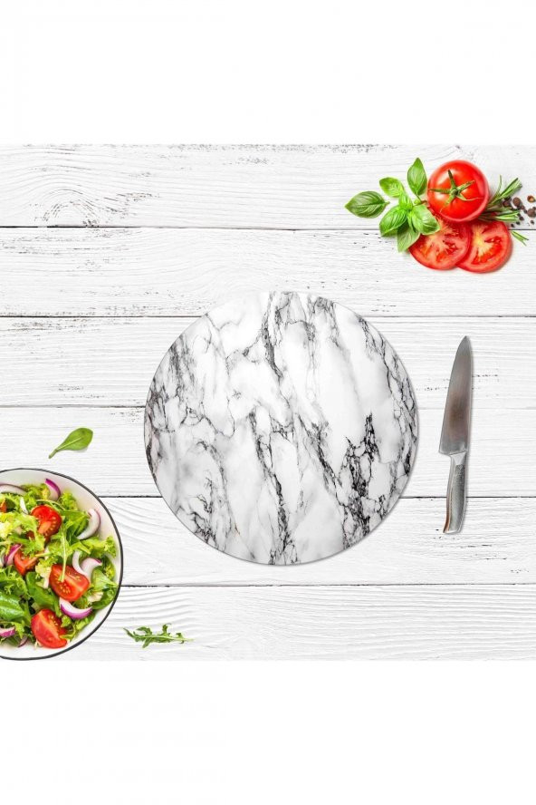 Dekoratif Cam Kesme Tahtası  Beyaz Mermer Çap 32 cm | Cam Kesme Tablası - 2