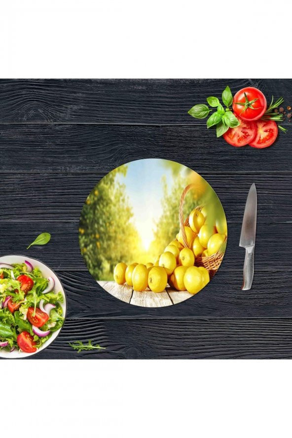 Dekoratif Cam Kesme Tahtası Limon Sepeti Çap 32 cm | Cam Kesme Tablası