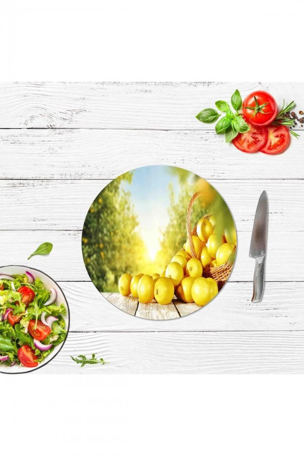 Dekoratif Cam Kesme Tahtası Limon Sepeti Çap 32 cm | Cam Kesme Tablası - 2