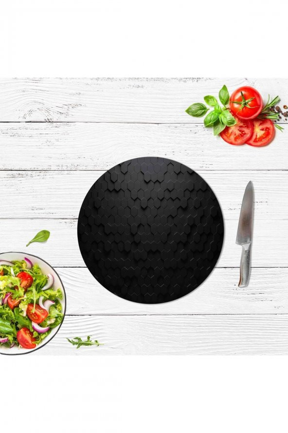 Çap 32 cm Siyah Altıgen Desenli Cam Kesme Tablası ürün görseli