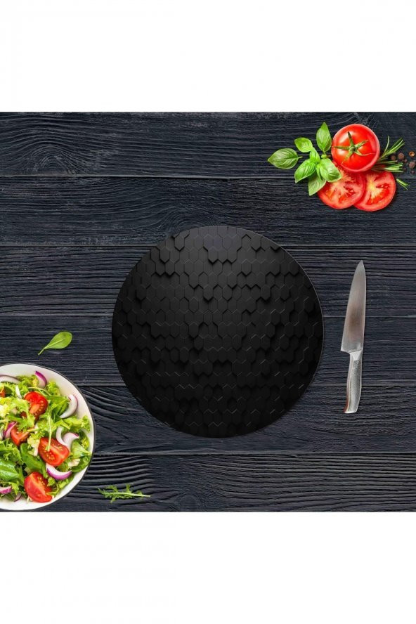 Çap 32 cm Siyah Altıgen Desenli Cam Kesme Tablası - Resim 2