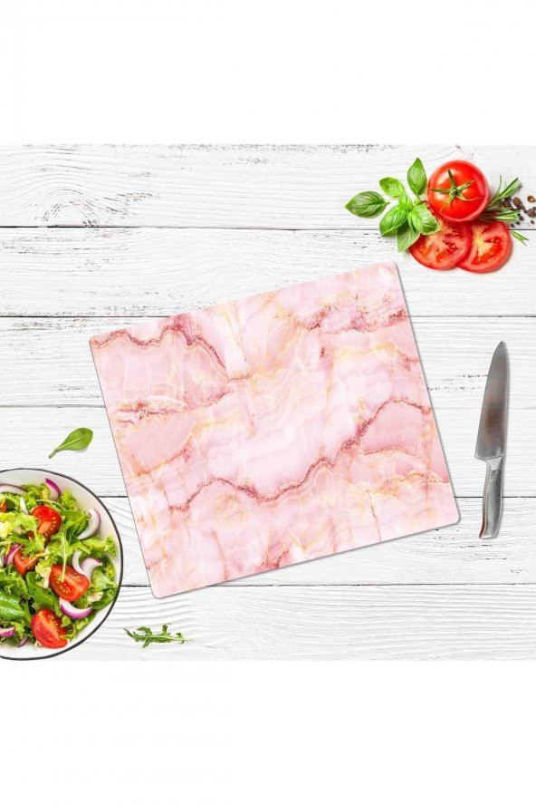 Dekoratif Cam Kesme Tahtası Pembe Mermer 29 x 34 cm | Cam Kesme Tablası - 2