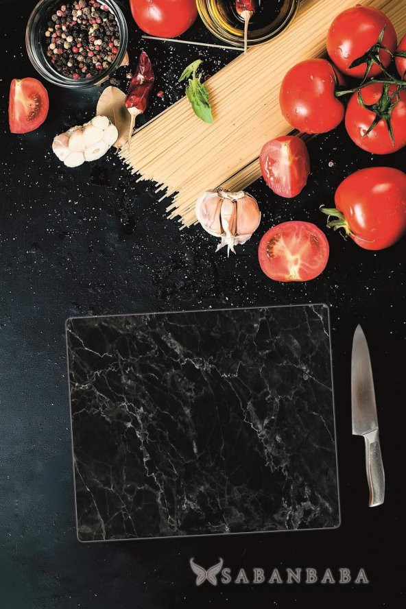 Dekoratif Cam Kesme Tahtası Siyah Mermer 29 x 34 cm | Cam Kesme Tablası - 2