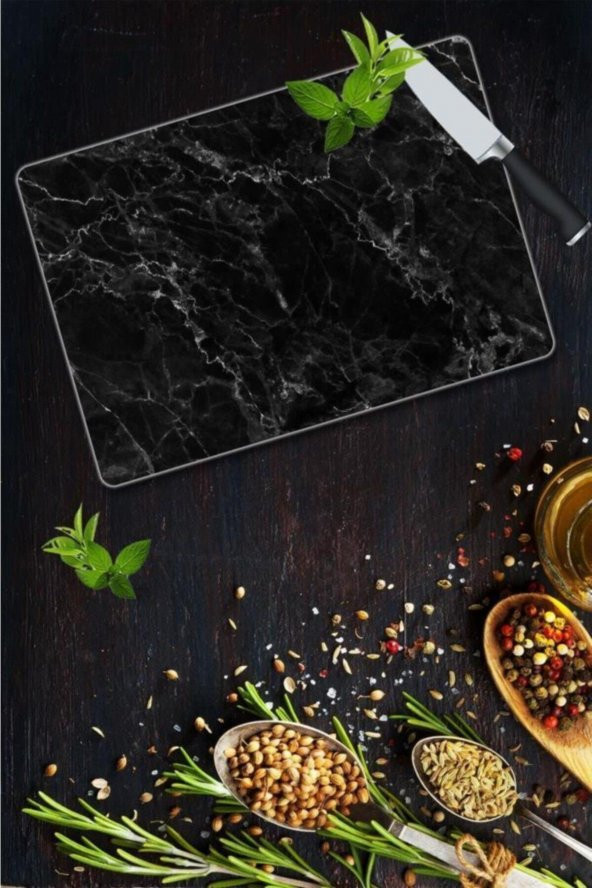 Dekoratif Cam Kesme Tahtası 30cm x 40cm Siyah Mermer - 2