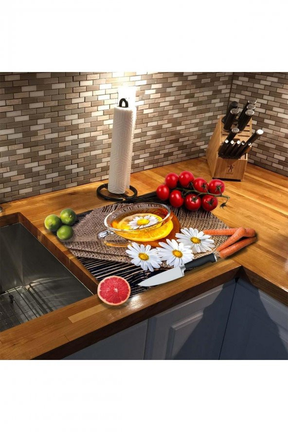Dekoratif Cam Kesme Tahtası 30cm x 40cm Papatya Çayı
