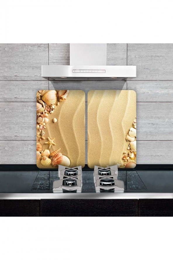 Cam Ocak Koruyucu ve Kesim Tablası Kumsal  (80cm x 52cm) 2 Parça, 5li Ocaklar - Resim 2