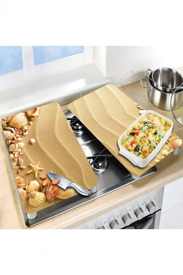 Cam Ocak Koruyucu ve Kesim Tablası Kumsal  (80cm x 52cm) 2 Parça, 5li Ocaklar - Resim 3
