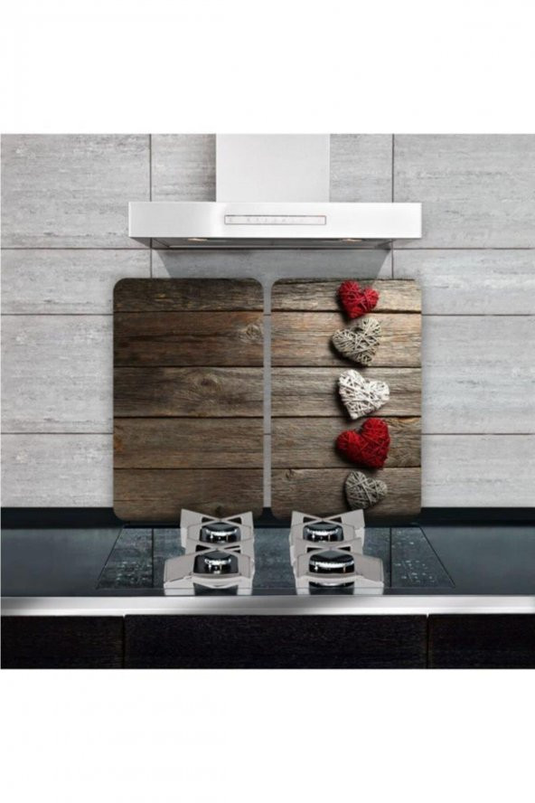 Cam Ocak Koruyucu ve Kesim Tablası Beşli Kalpler  (80cm x 52cm) 2 Parça, 5li Ocaklar