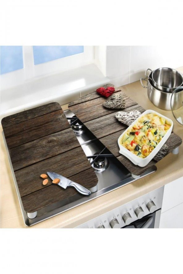 Cam Ocak Koruyucu ve Kesim Tablası Beşli Kalpler  (80cm x 52cm) 2 Parça, 5li Ocaklar - 2