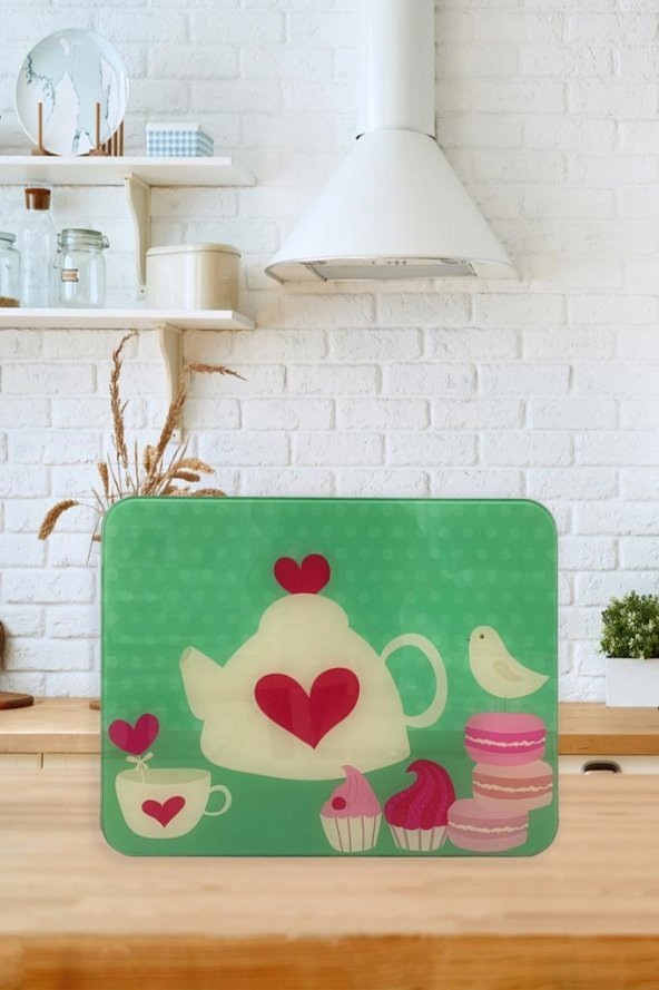 30cm X 40cm Cam Kesim Tablası  Yeşil çaydanlık ürün görseli