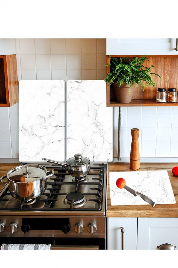 Takım Halinde Siyah Beyaz Mermer 20x30 Cm Kesme Tablası Ve 60x52cm Cam Ocak Koruyucu 4lü Ocaklar