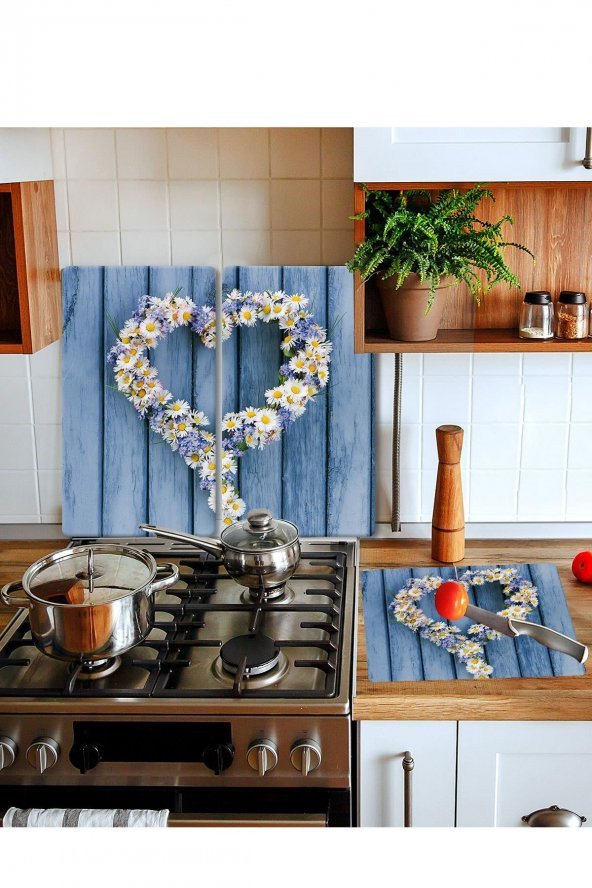 Takım Halinde Papatya Kalp 20x30 Cm Kesme Tablası Ve 60x52cm Cam Ocak Koruyucu 4lü Ocaklar - 1