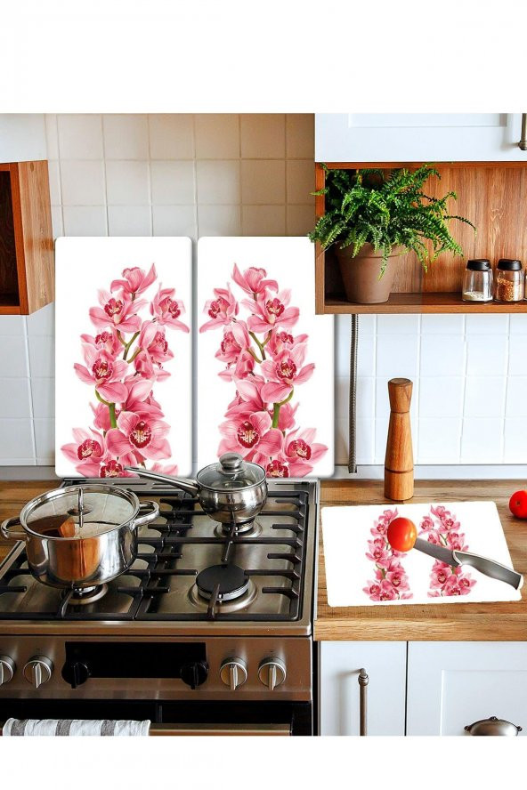 Takım Halinde Pembe Orkide 20x30 Cm Kesme Tablası Ve 60x52cm Cam Ocak Koruyucu 4lü Ocaklar ürün görseli